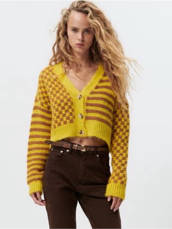 Zara Sweaters - Zara Yellow and Brown Cropped V-Neck Button Cardigan Sweater Size S